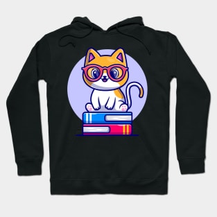 Cute Cat Sitting On Book Stack Cartoon Hoodie